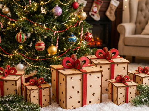 Caja de regalo de Navidad de madera cortada con láser