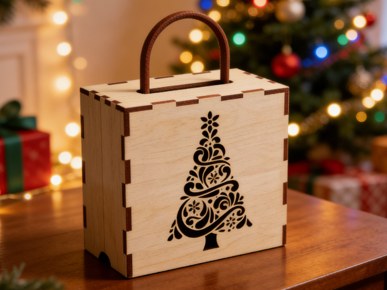 Caja de regalo de Navidad de madera hecha con corte por láser