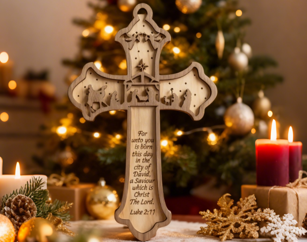 Adornos navideños con temática de Jesús hechos con Thunder Laser Bolt
