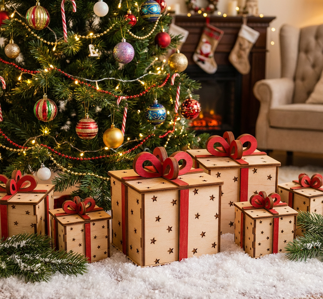 Cajas de regalo de Navidad de madera cortadas con láser