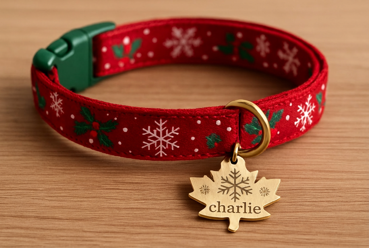 Collar de mascota de Navidad con etiqueta de nombre