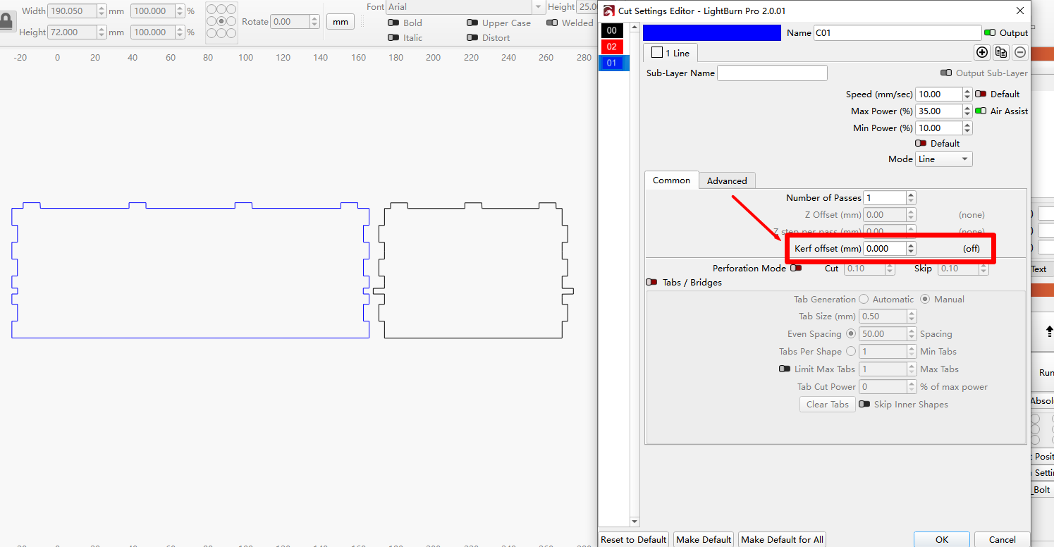 Encuentre la configuración Kerf Offset en los parámetros de la capa LightBurn